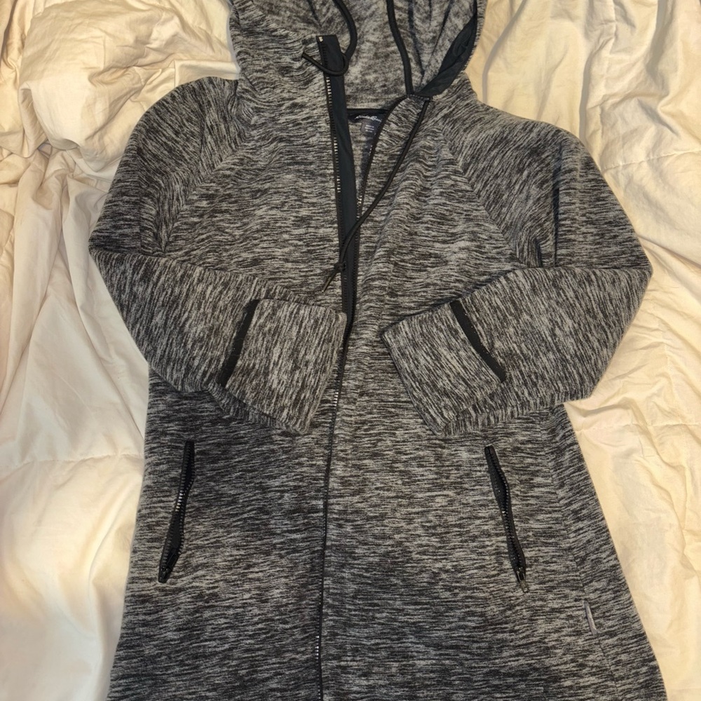 Women's  Eddie Bauer gray flannel long fitted  Hooded Jacket 1x / xl